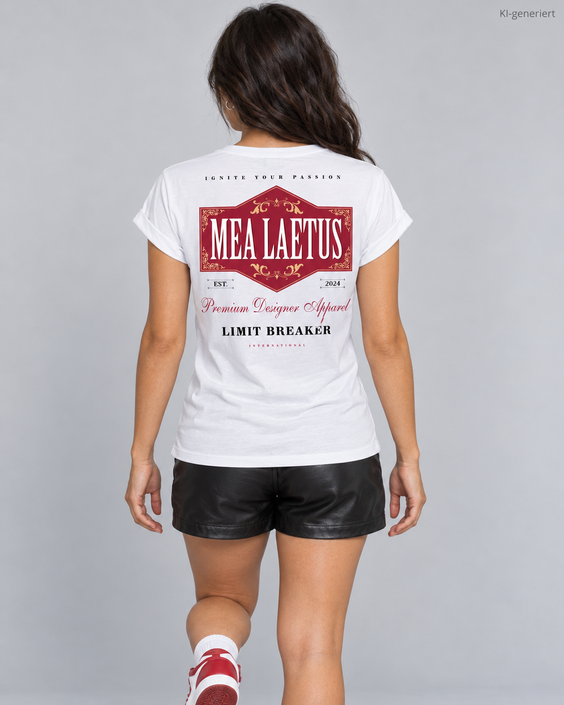 MEA LAETUS Damen-T-Shirt in Weiß mit großem roten Limitbreaker-Rückenprint – Rückenansicht im Studio.