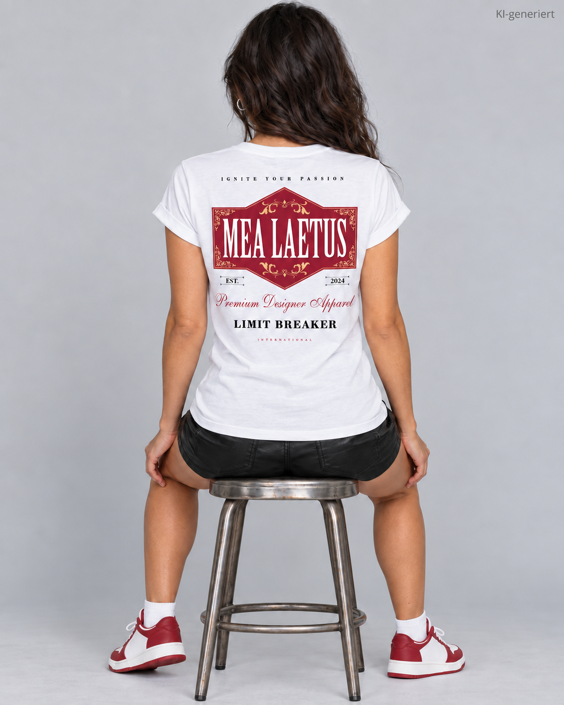 Weißes Damen-T-Shirt Limitbreaker von MEA LAETUS – roter Rückenprint am sitzenden Model im Studio.