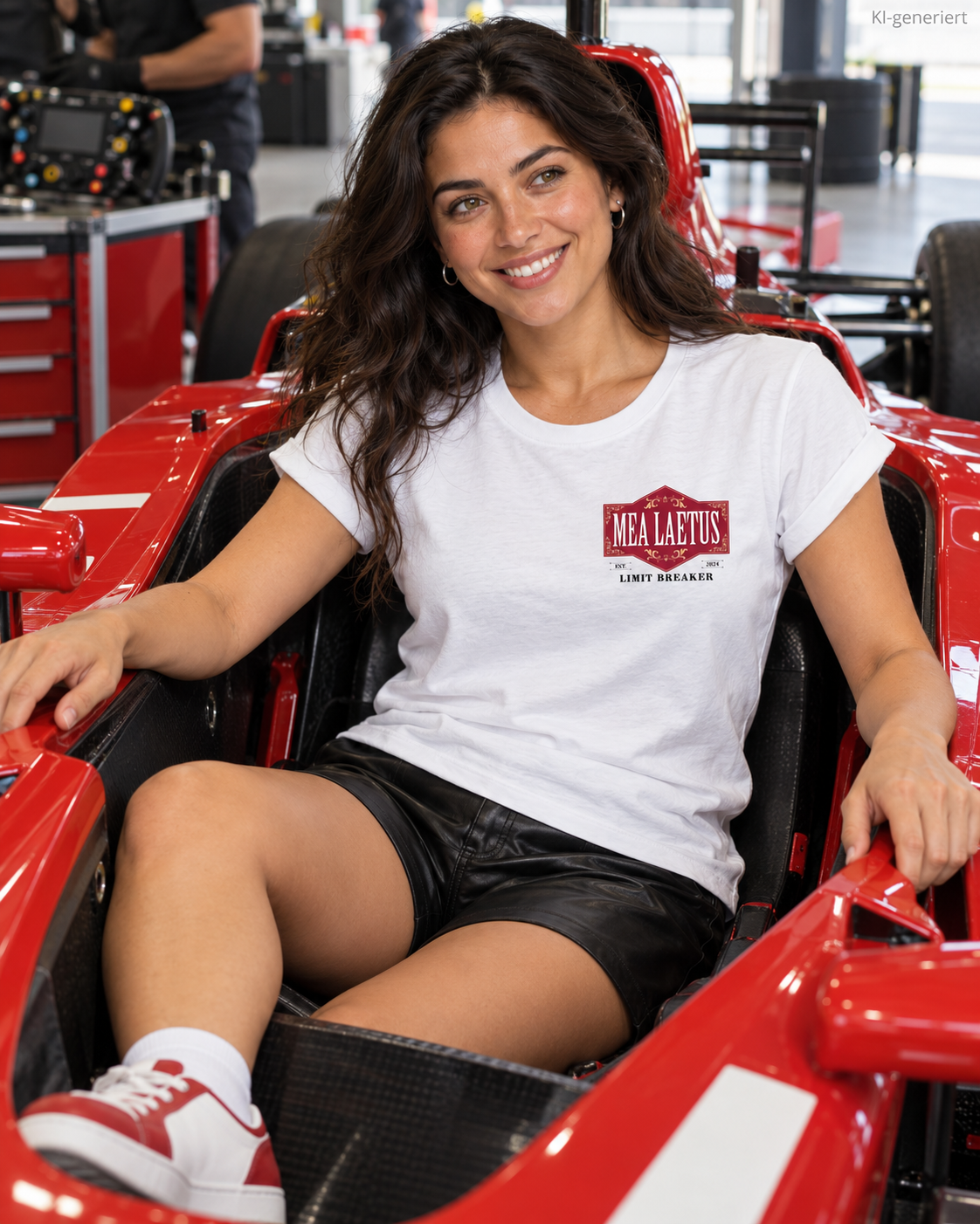 Weißes Damen-T-Shirt mit rotem Limitbreaker-Brustprint von MEA LAETUS – Model im Cockpit eines stehenden Formelrennwagens.