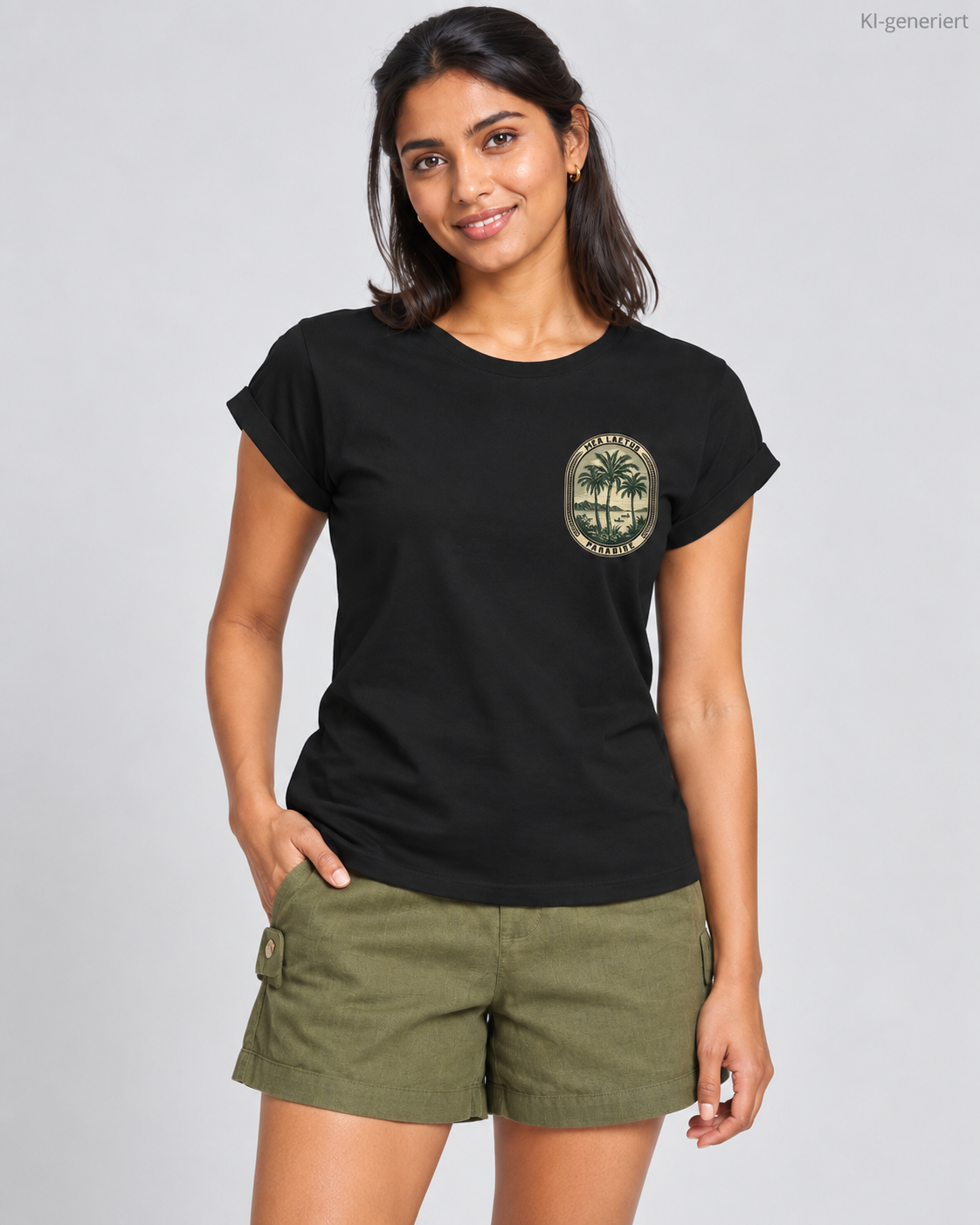 MEA LAETUS schwarzes Damen-T-Shirt Palmen Edition – Studio-Nahaufnahme des kleinen Paradise-Palmenemblems auf der Brust.
