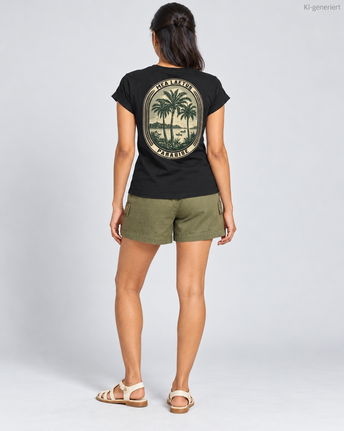 MEA LAETUS schwarzes Damen-T-Shirt Palmen Edition – Studio-Rückenansicht mit großem ovalem Paradise-Palmenmotiv.