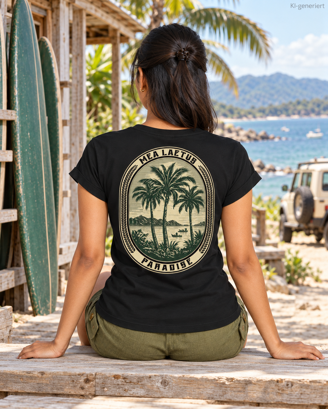 MEA LAETUS schwarzes Damen-T-Shirt Palmen Edition – Rückenprint am sitzenden Model vor einer Surfstation mit Meerblick.
