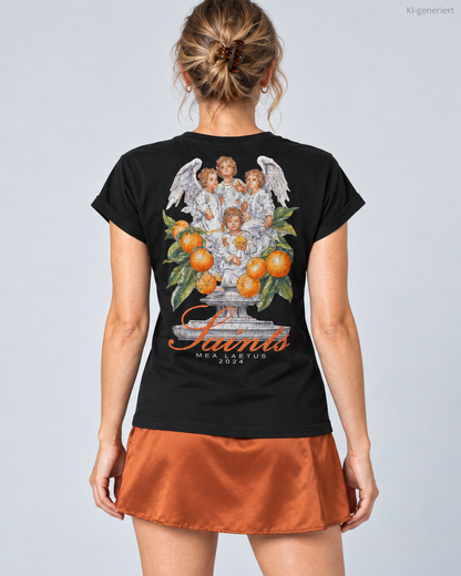 MEA LAETUS schwarzes Damen-T-Shirt Saints – Studio-Nahaufnahme des Rückenprints mit vier Engeln und Orangen.