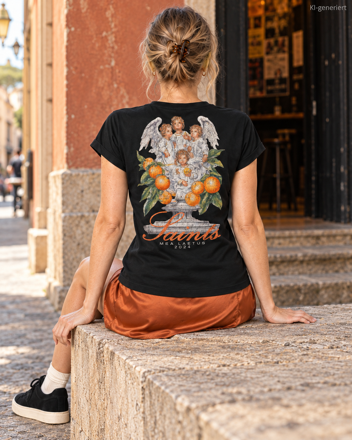 MEA LAETUS schwarzes Damen-T-Shirt Saints – Rückenprint am sitzenden Model auf einem Steinabsatz.