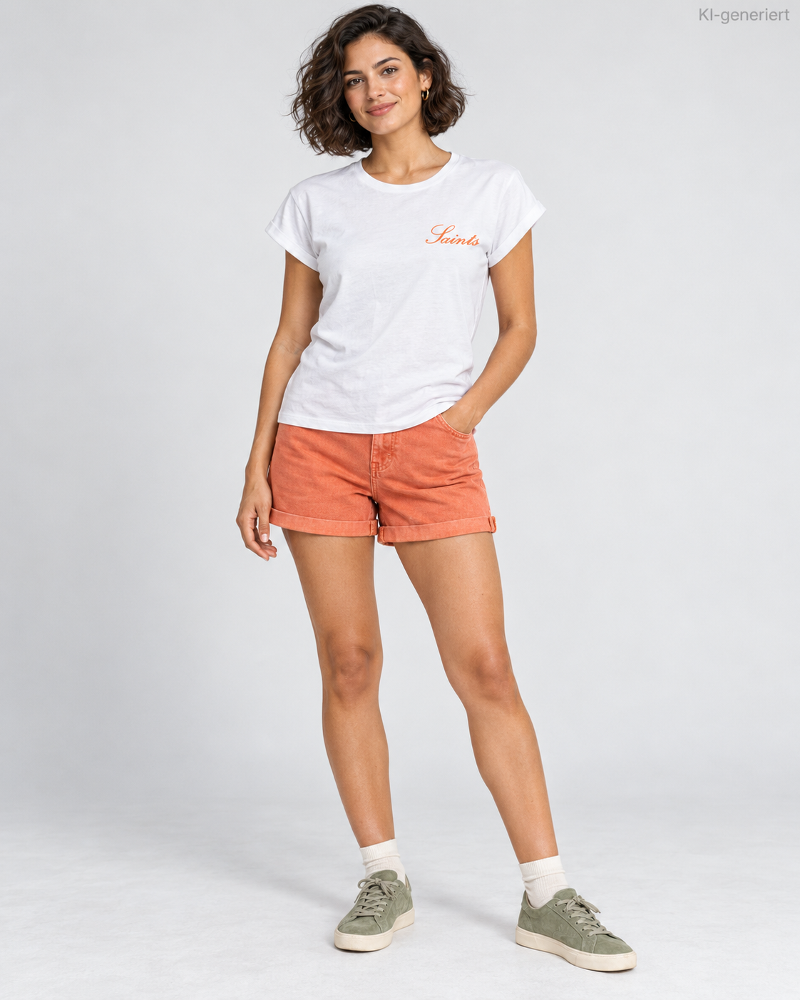 MEA LAETUS weißes Damen-T-Shirt Saints – Studio-Frontansicht mit korallfarbenen Shorts.