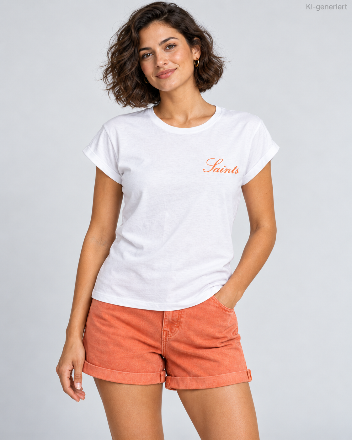 MEA LAETUS weißes Damen-T-Shirt Saints – Studio-Nahaufnahme des orangefarbenen Saints-Brustschriftzugs.