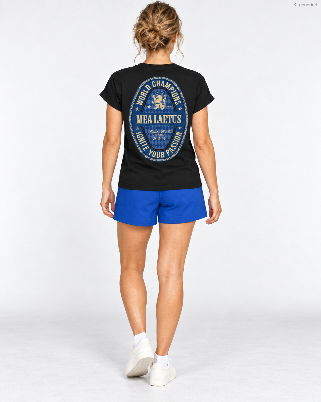 MEA LAETUS Damen-T-Shirt World Champions BLUE in Schwarz – vollständiger blau-goldener Rückenprint im Studio.