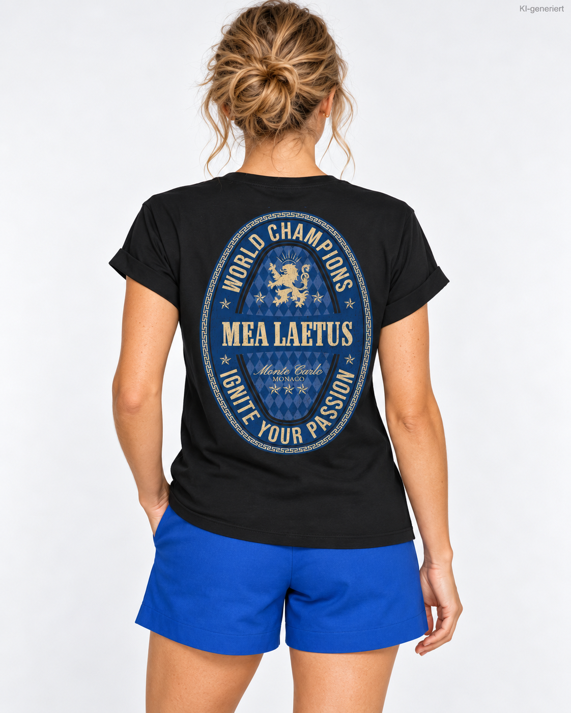 Schwarzes Damen-T-Shirt World Champions BLUE von MEA LAETUS – Studio-Nahaufnahme des ovalen Rückenmotivs mit Löwenemblem.