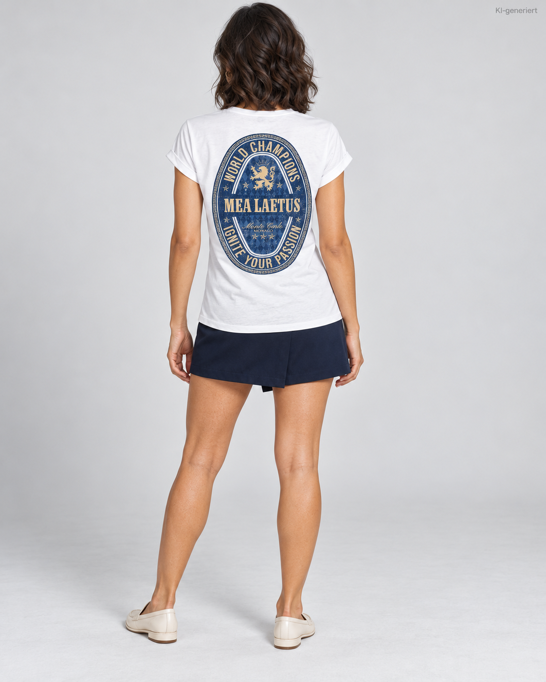 MEA LAETUS Damen-T-Shirt World Champions BLUE in Weiß – vollständiger blau-goldener Rückenprint im Studio.