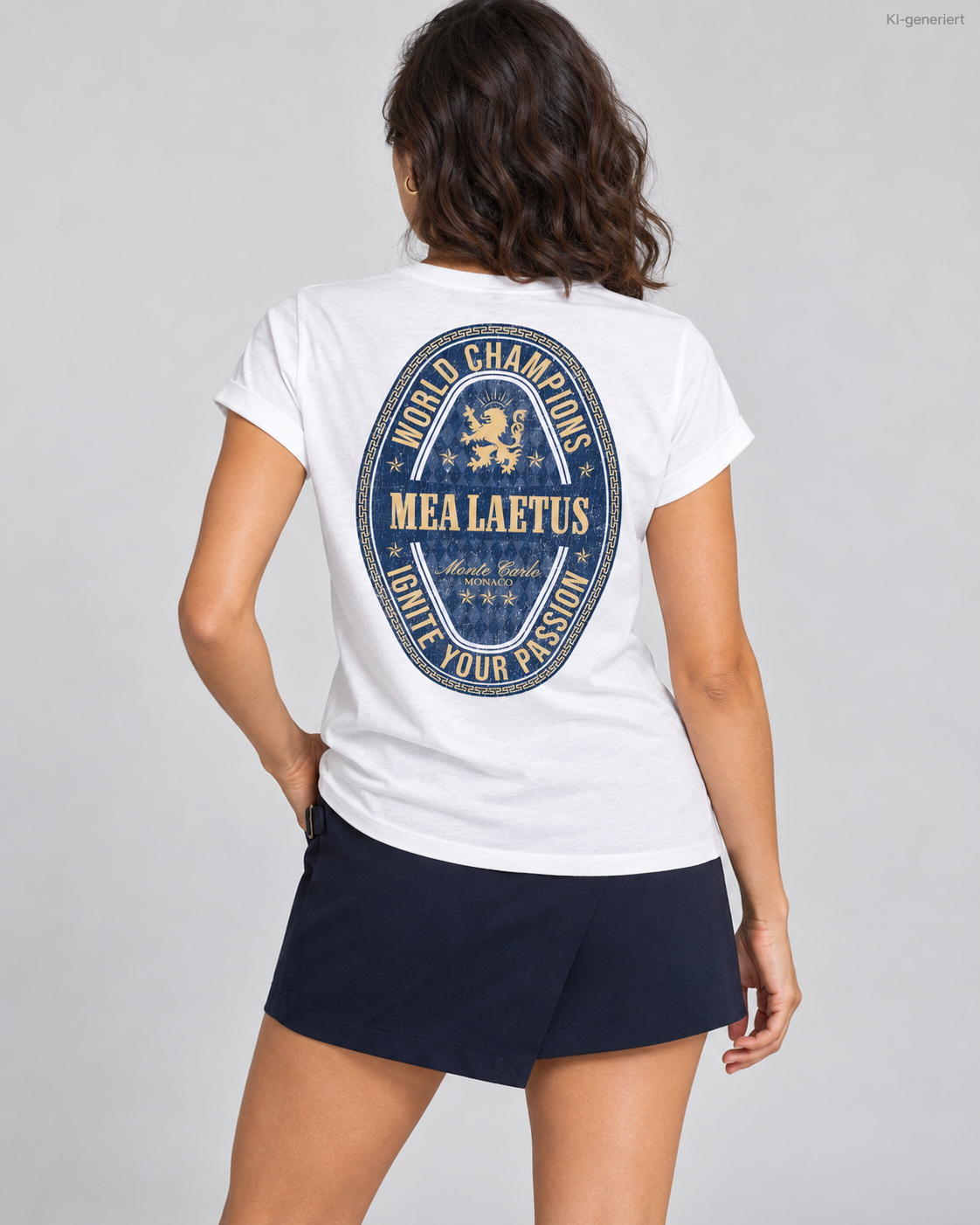Weißes Damen-T-Shirt World Champions BLUE von MEA LAETUS – Studio-Rückansicht mit ovalem Löwenemblem und Monte-Carlo-Schriftzug.