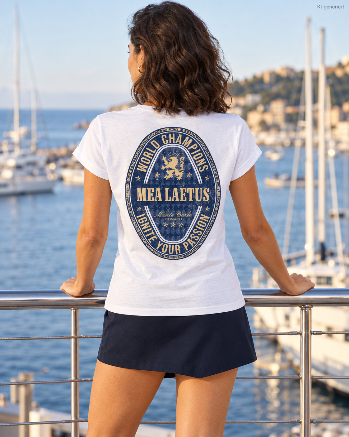 Weißes Damen-T-Shirt World Champions BLUE von MEA LAETUS – Nahaufnahme des Rückenprints am Geländer mit Hafenblick.