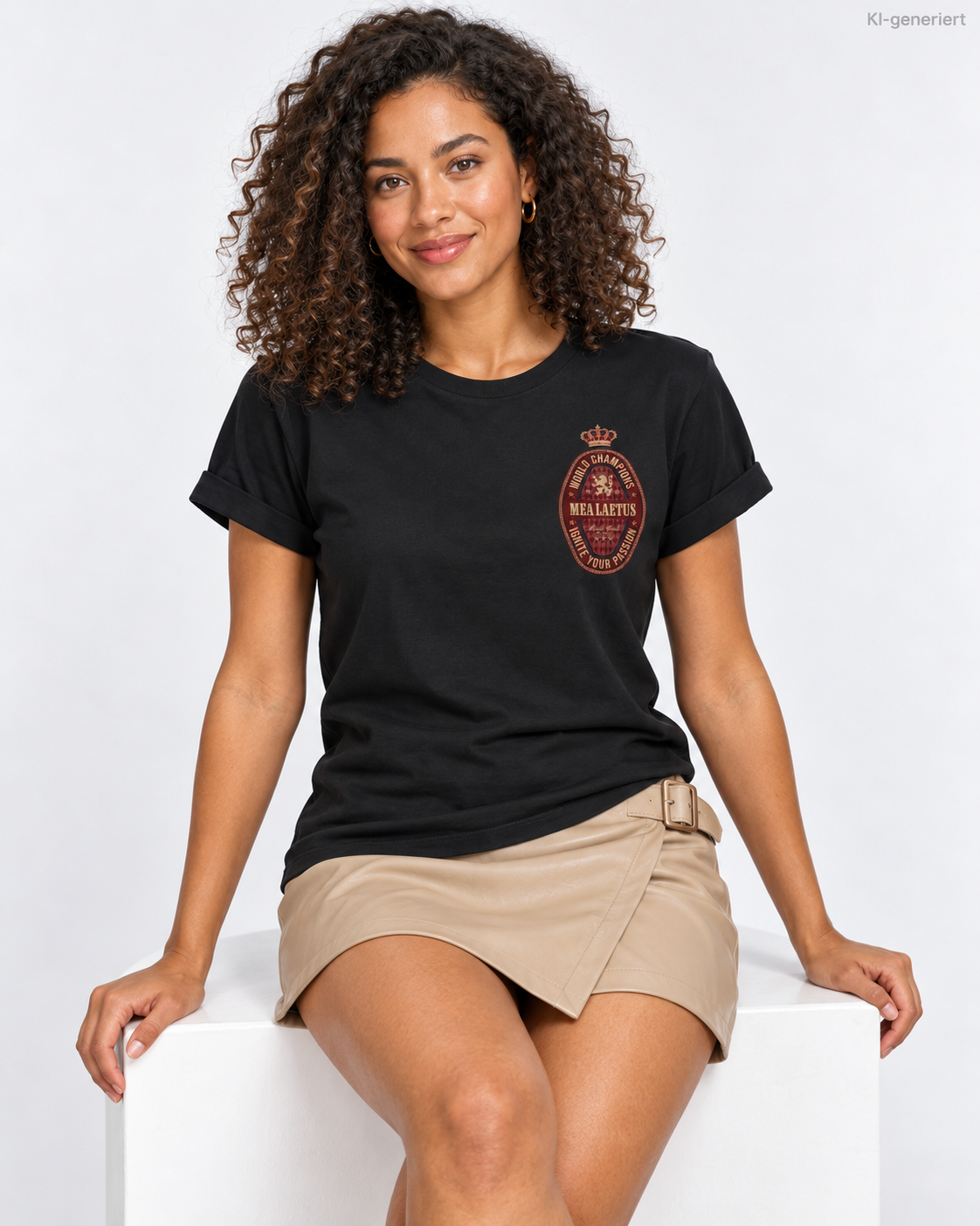 Schwarzes World Champions RED Damen-T-Shirt von MEA LAETUS – Studio-Nahaufnahme des Brustprints mit sandfarbenem Wickelrock.