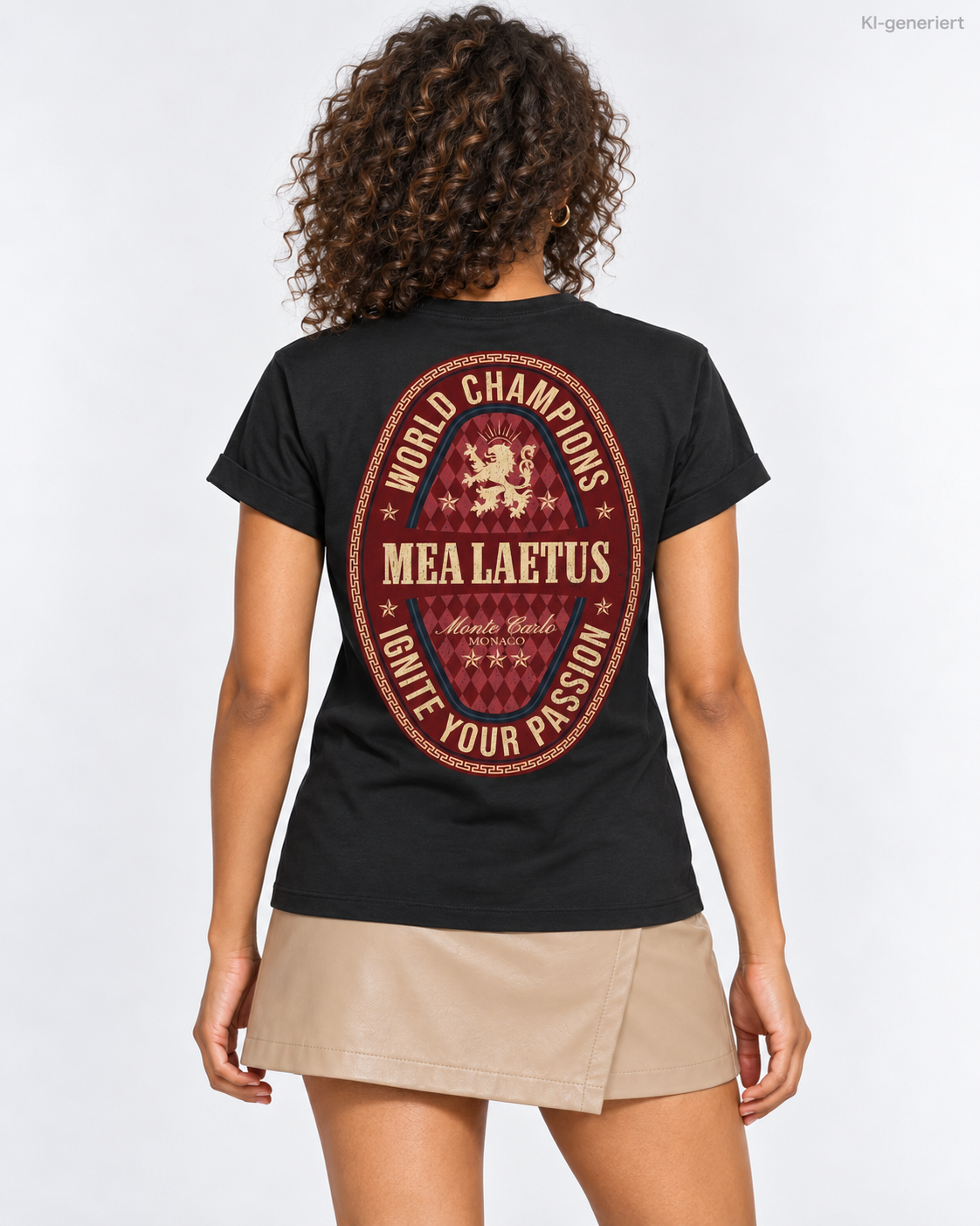 Schwarzes Damen-T-Shirt World Champions RED von MEA LAETUS – Studio-Nahaufnahme des ovalen Rückenmotivs mit Löwenemblem.