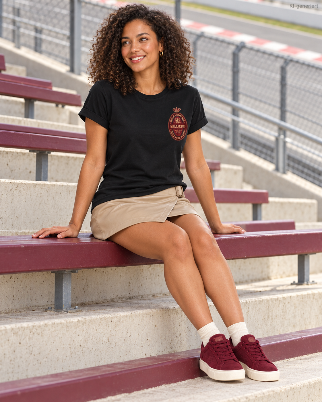 Schwarzes Damen-T-Shirt World Champions RED von MEA LAETUS – Frontansicht am sitzenden Model auf der Rennstrecken-Tribüne.