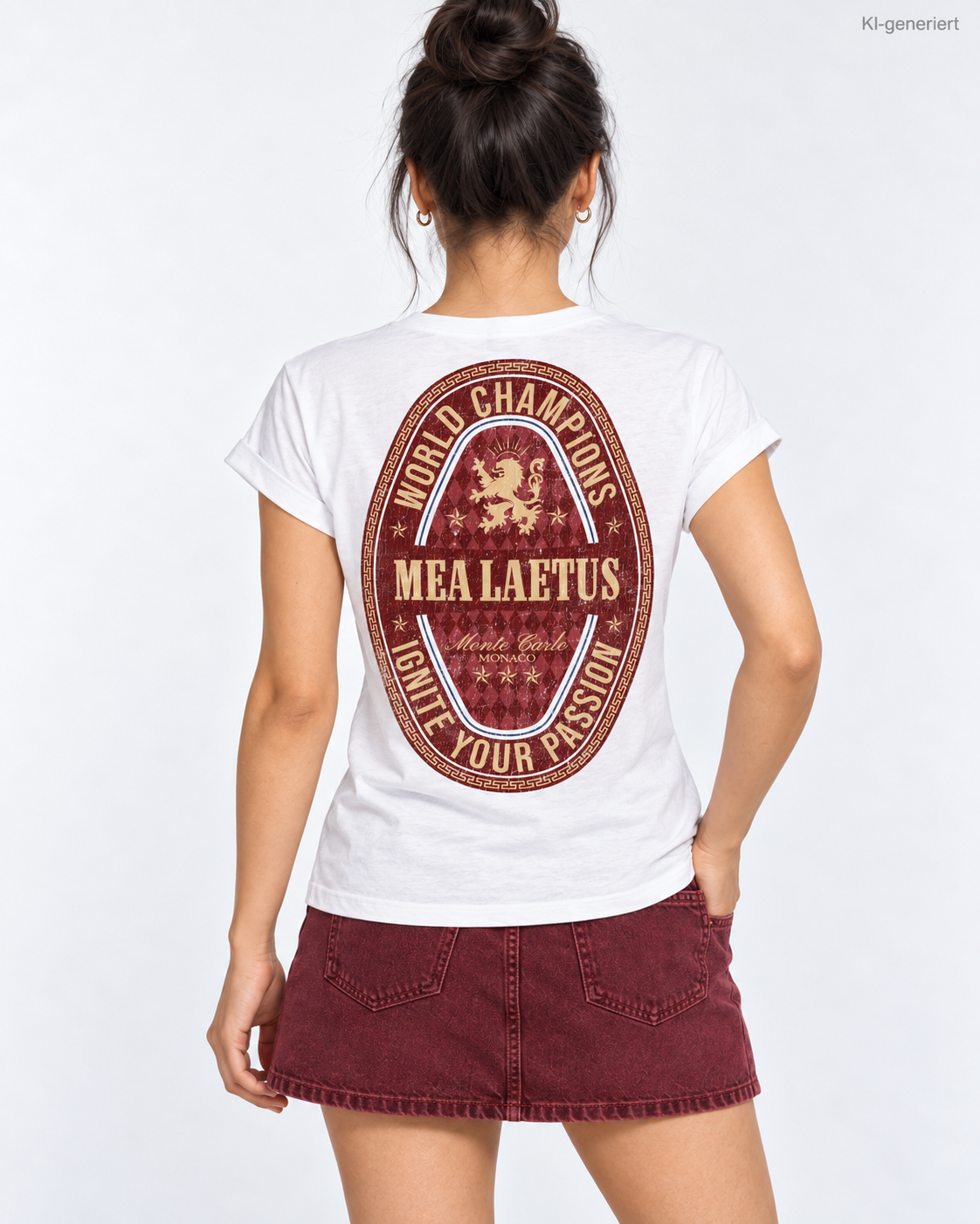 Weißes Damen-T-Shirt World Champions RED von MEA LAETUS – Studio-Nahaufnahme des ovalen Rückenmotivs mit Löwenemblem.