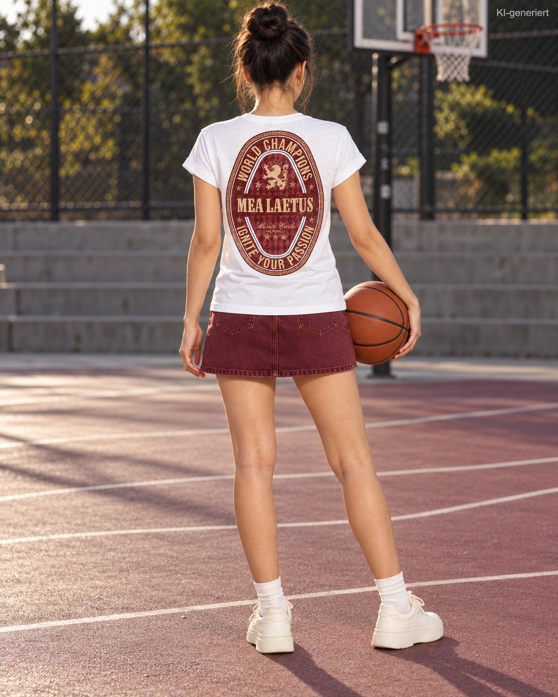 Weißes World Champions RED Damen-T-Shirt von MEA LAETUS – rot-goldener Rückenprint am Model mit Basketball.