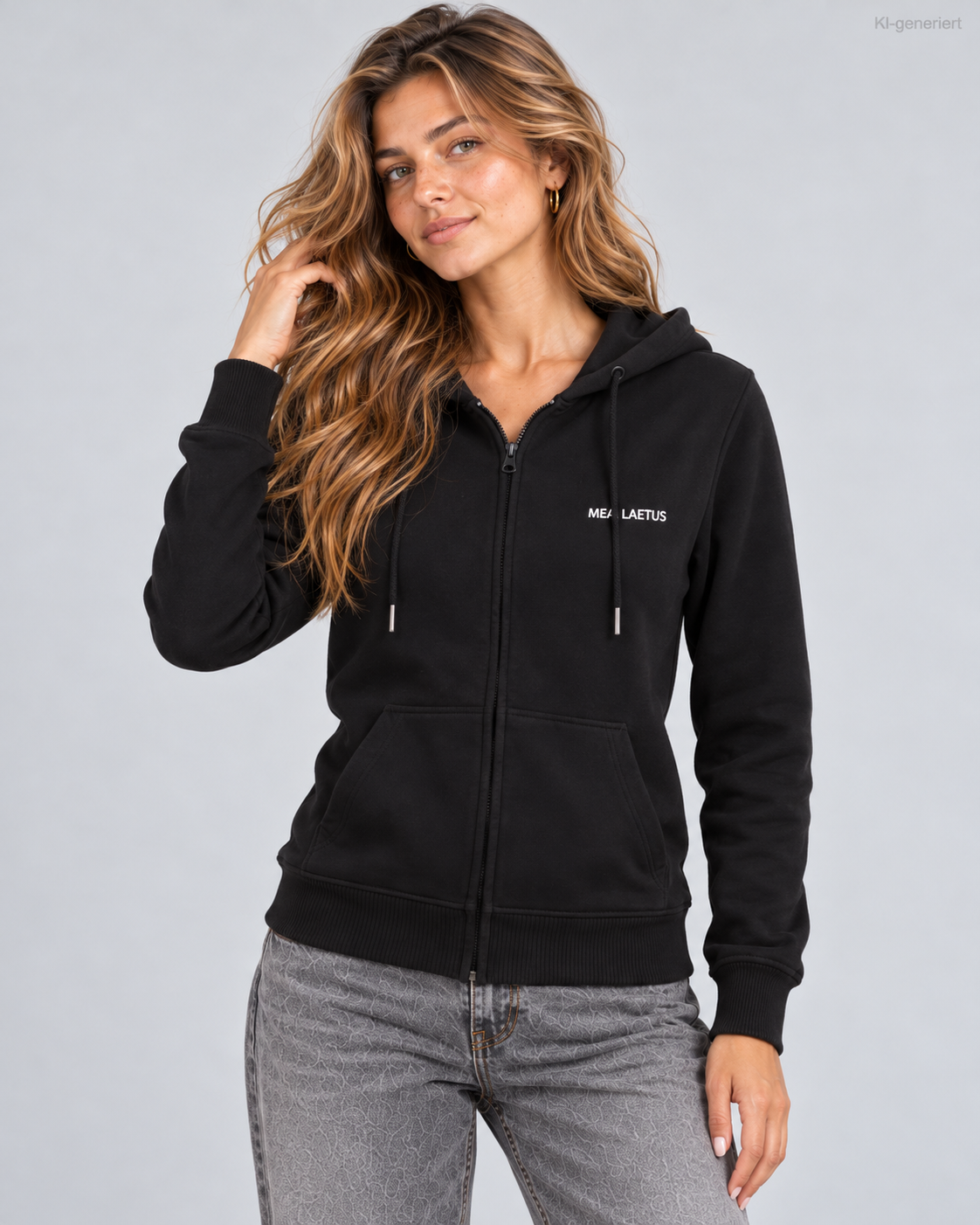 MEA LAETUS Essentials Damen Sweatjacke Schwarz – Studio Detailansicht