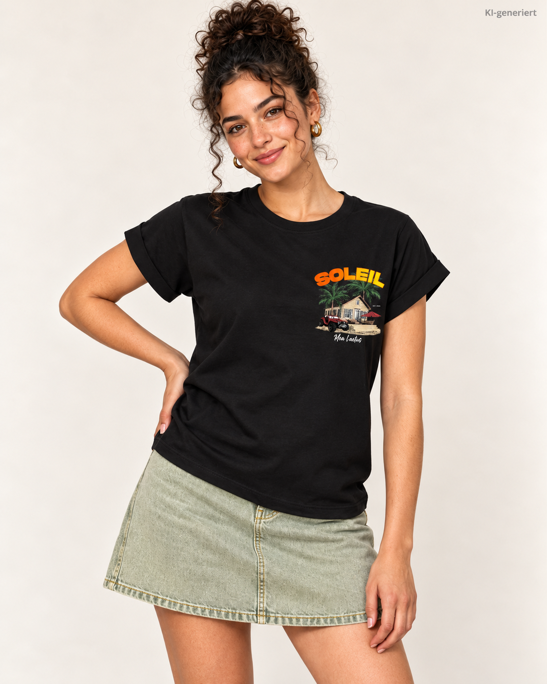 MEA LAETUS Finca Soleil Damen T-Shirt in Schwarz – nähere Frontansicht des Soleil-Prints mit Palmen, Finca und rotem Geländewagen.