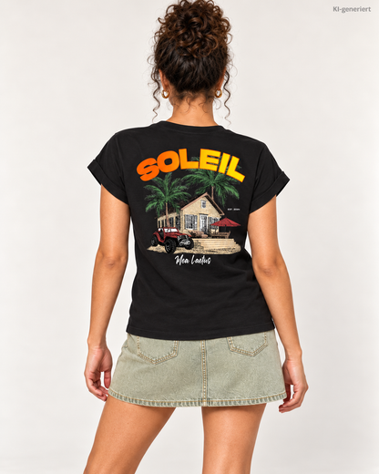 MEA LAETUS Finca Soleil Damen T-Shirt in Schwarz – Nahaufnahme der Rückenansicht mit Soleil-Grafik und Schriftzug Mea Laetus.