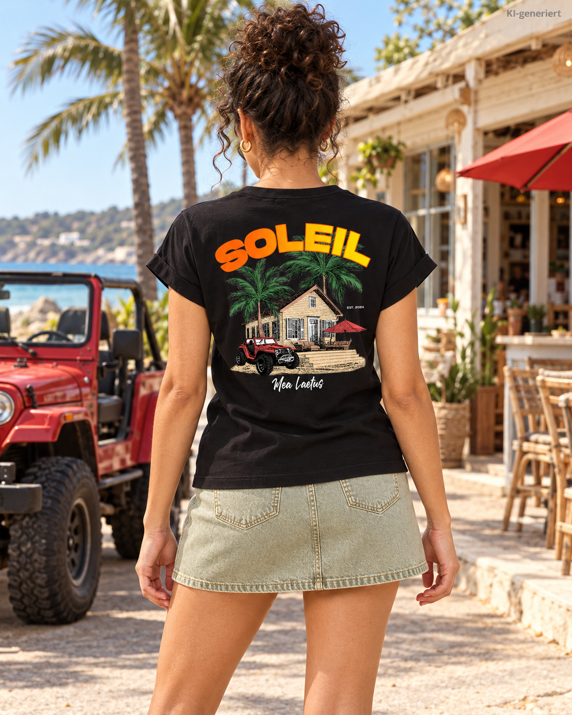 MEA LAETUS Finca Soleil Damen T-Shirt in Schwarz – Rückenprint mit Palmen, Haus und rotem Geländewagen am Strandcafé.