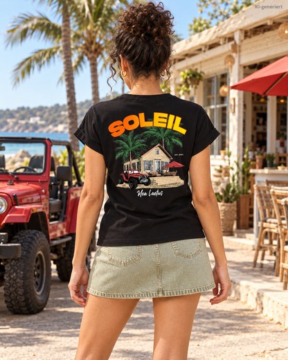 MEA LAETUS Finca Soleil Damen T-Shirt in Schwarz – Rückenprint mit Palmen, Haus und rotem Geländewagen am Strandcafé.