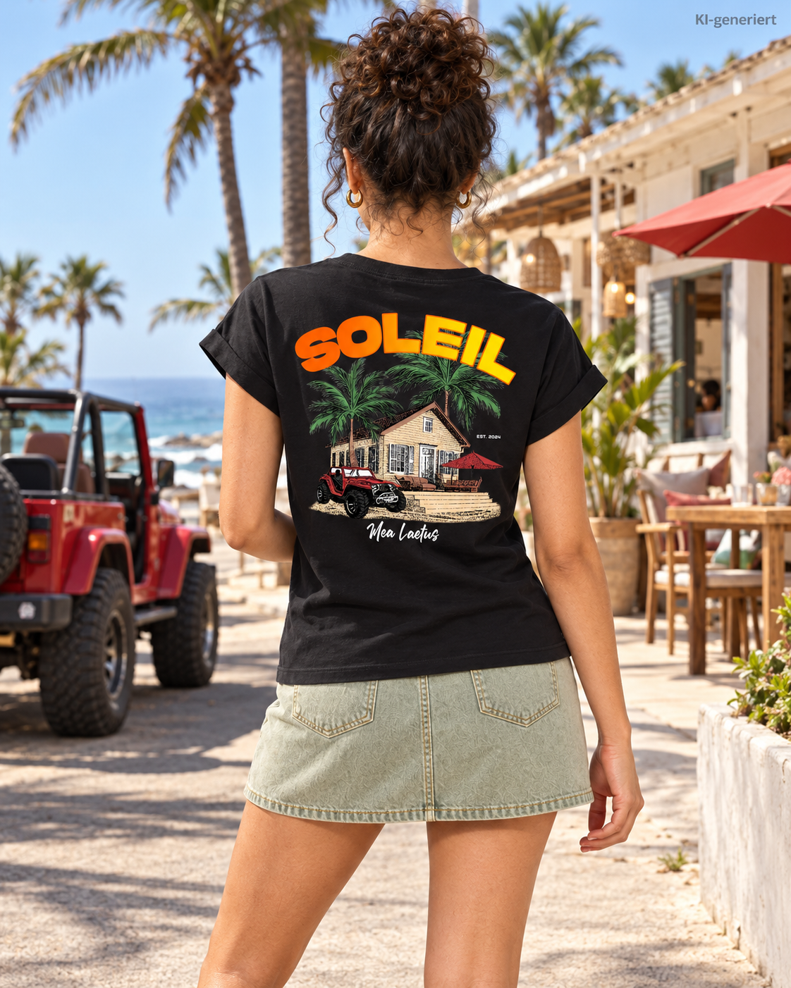 MEA LAETUS Finca Soleil Damen T-Shirt in Schwarz – Nahe Rückenansicht des Soleil-Motivs vor Palmen und Küstenkulisse.