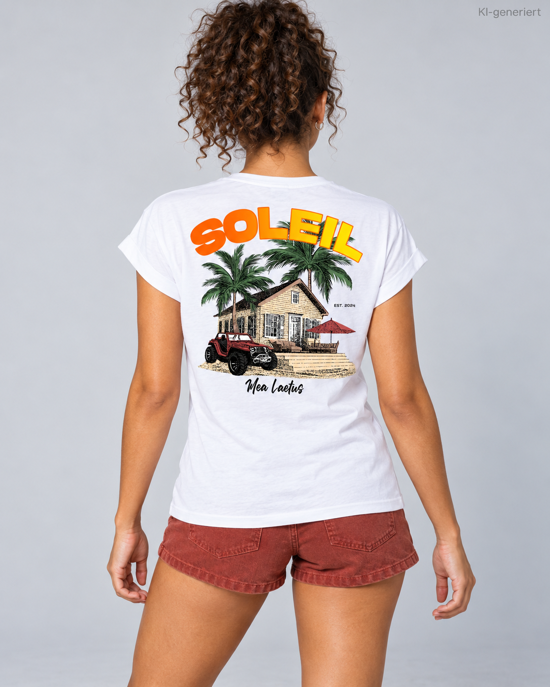 MEA LAETUS Finca Soleil Damen T-Shirt in Weiß – Nähere Studio-Rückansicht des SOLEIL Prints mit Palmen und Strandhaus