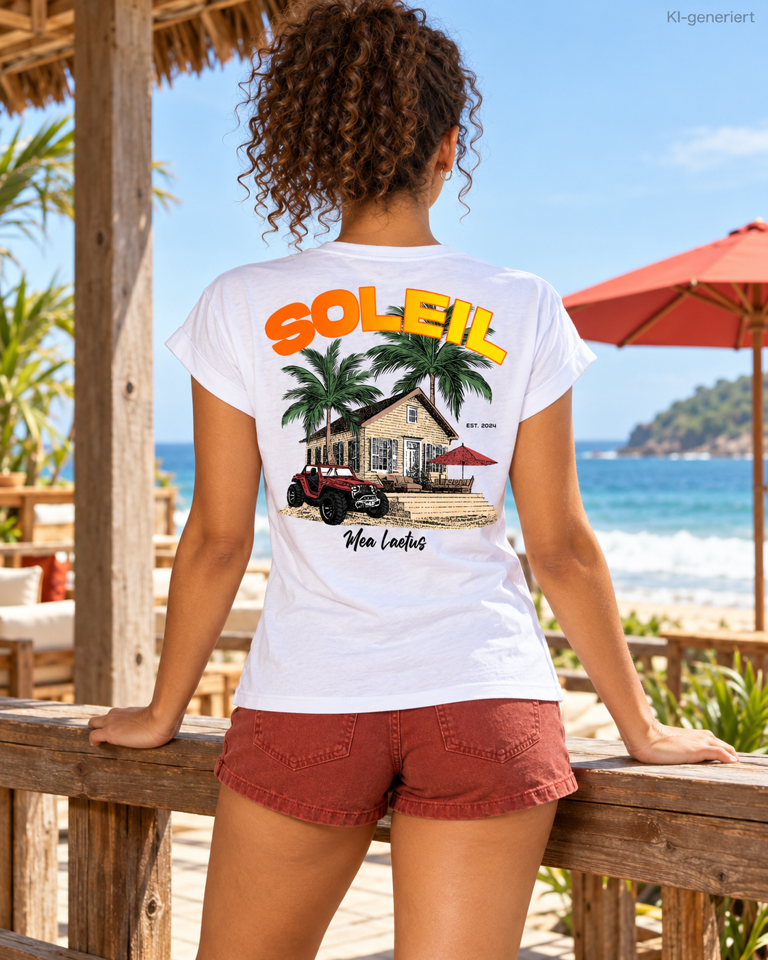 MEA LAETUS Finca Soleil Damen T-Shirt in Weiß – Rückansicht auf einer Strandhausveranda mit großem SOLEIL Rückenprint