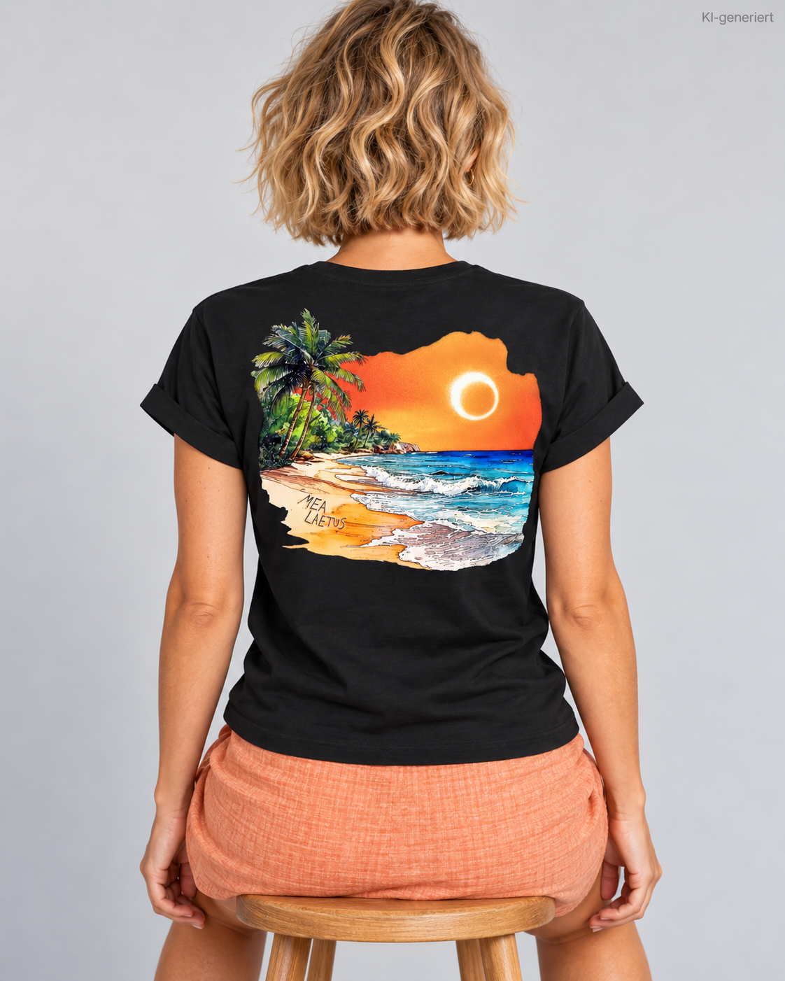 MEA LAETUS Holiday Sunset Damen T-Shirt in Schwarz – Nähere Studio-Rückansicht des tropischen Strandprints