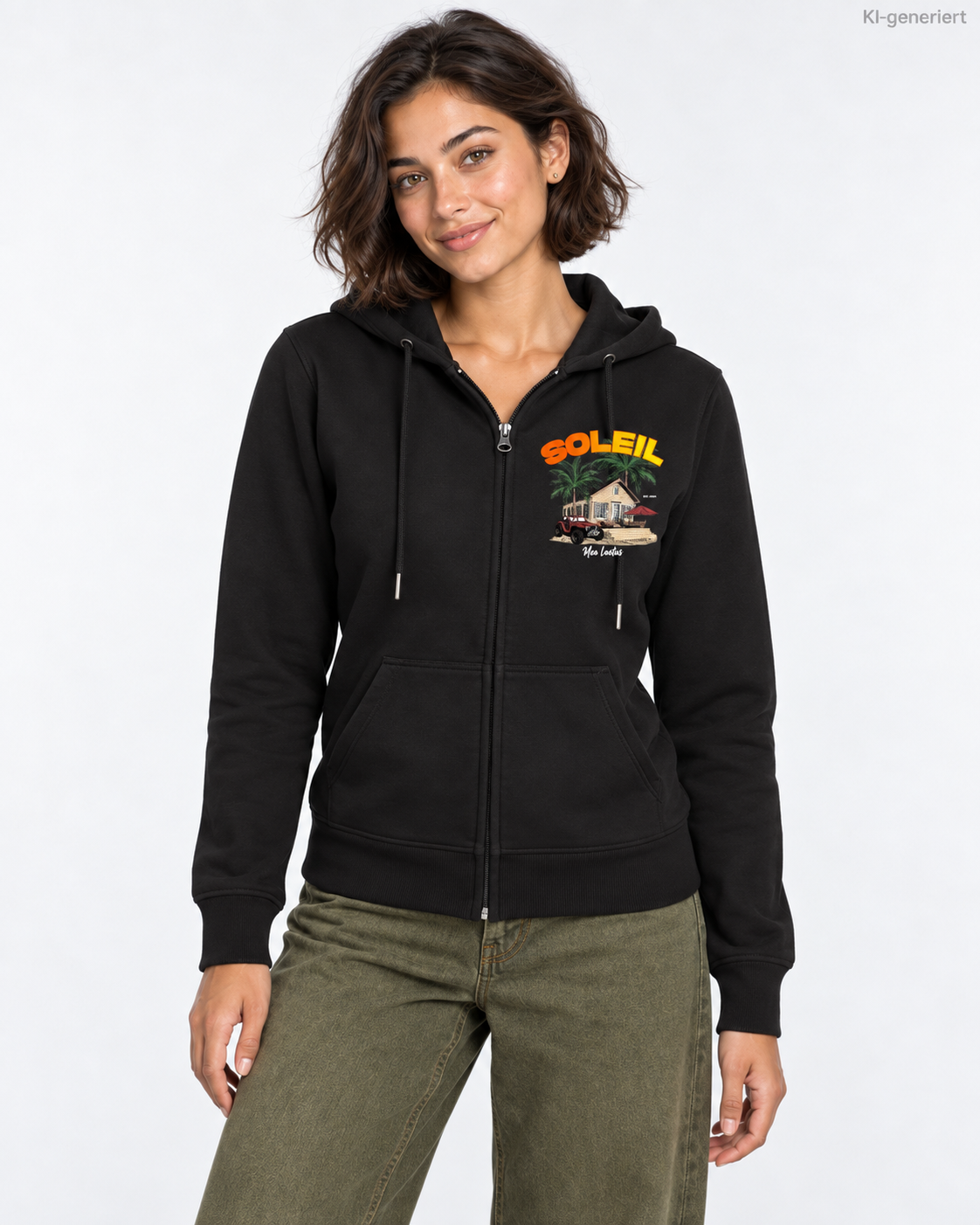 MEA LAETUS Ladies Sweatjacke Finca Soleil in Schwarz – Nähere Studio-Frontansicht des Soleil-Prints mit Haus und Palmen.