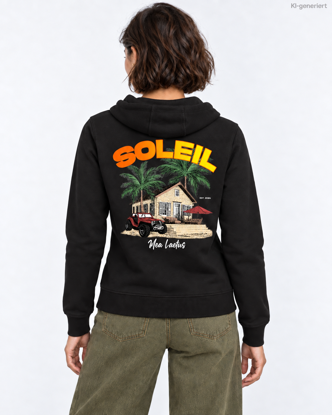 MEA LAETUS Ladies Sweatjacke Finca Soleil in Schwarz – Nähere Studio-Rückansicht mit SOLEIL Schriftzug, Finca und Palmen.