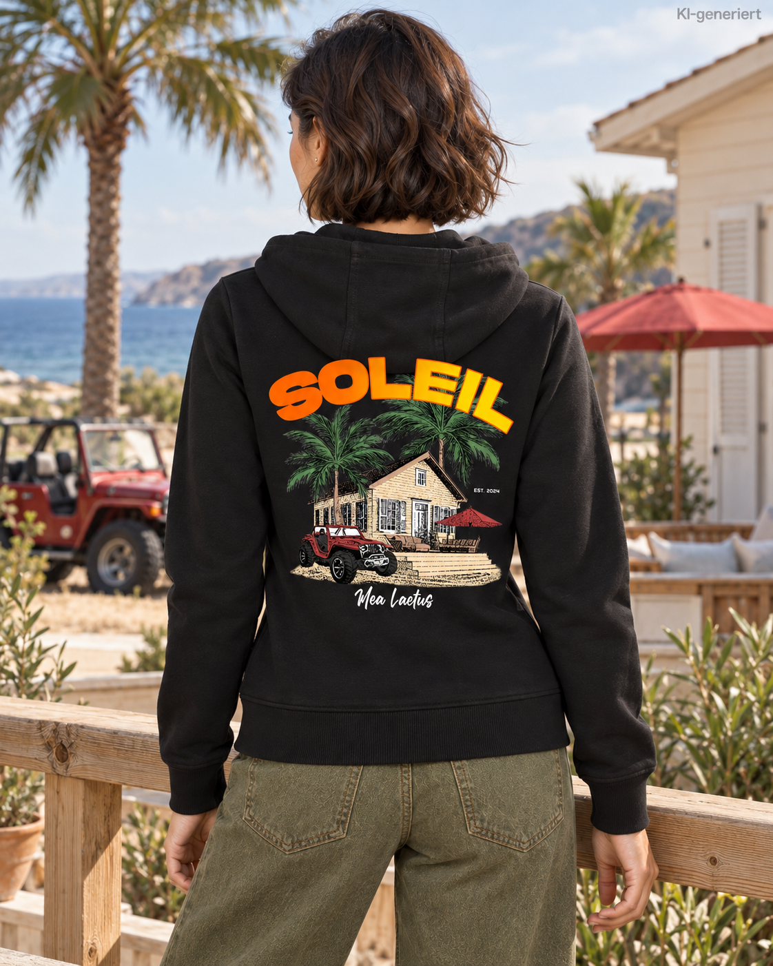 MEA LAETUS Ladies Sweatjacke Finca Soleil in Schwarz – Nähere Rückenansicht am Strandhaus mit großem Soleil-Motiv.