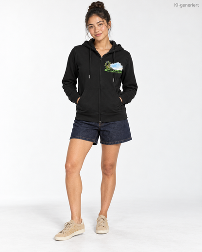 MEA LAETUS Ladies Sweatjacke Holiday Sky in Schwarz – Studio-Frontansicht mit kleinem Strandmotiv auf der Brust.