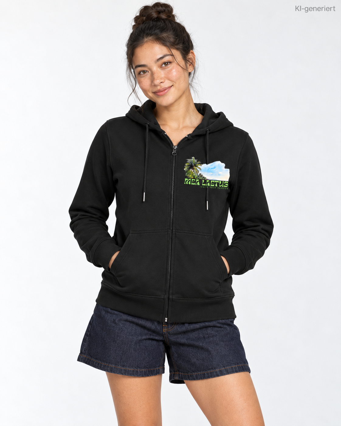 MEA LAETUS Ladies Sweatjacke Holiday Sky in Schwarz – Nähere Frontansicht mit Strandmotiv und grünem MEA LAETUS Schriftzug.