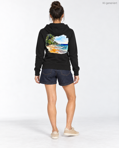 MEA LAETUS Ladies Sweatjacke Holiday Sky in Schwarz – Studio-Rückansicht mit großem Strandprint, Palmen und blauen Wellen.