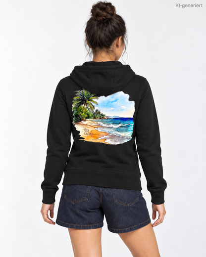 MEA LAETUS Ladies Sweatjacke Holiday Sky in Schwarz – Nahaufnahme des Rückenprints mit Palmen, Sandstrand und Meer.