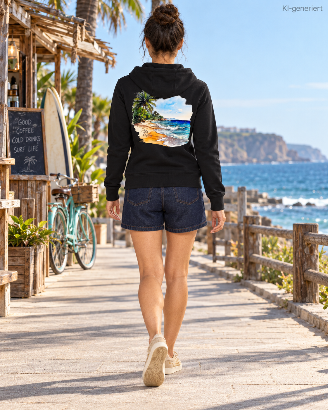 MEA LAETUS Ladies Sweatjacke Holiday Sky in Schwarz – Rückenansicht beim Spaziergang am Meer mit großem Strandmotiv.
