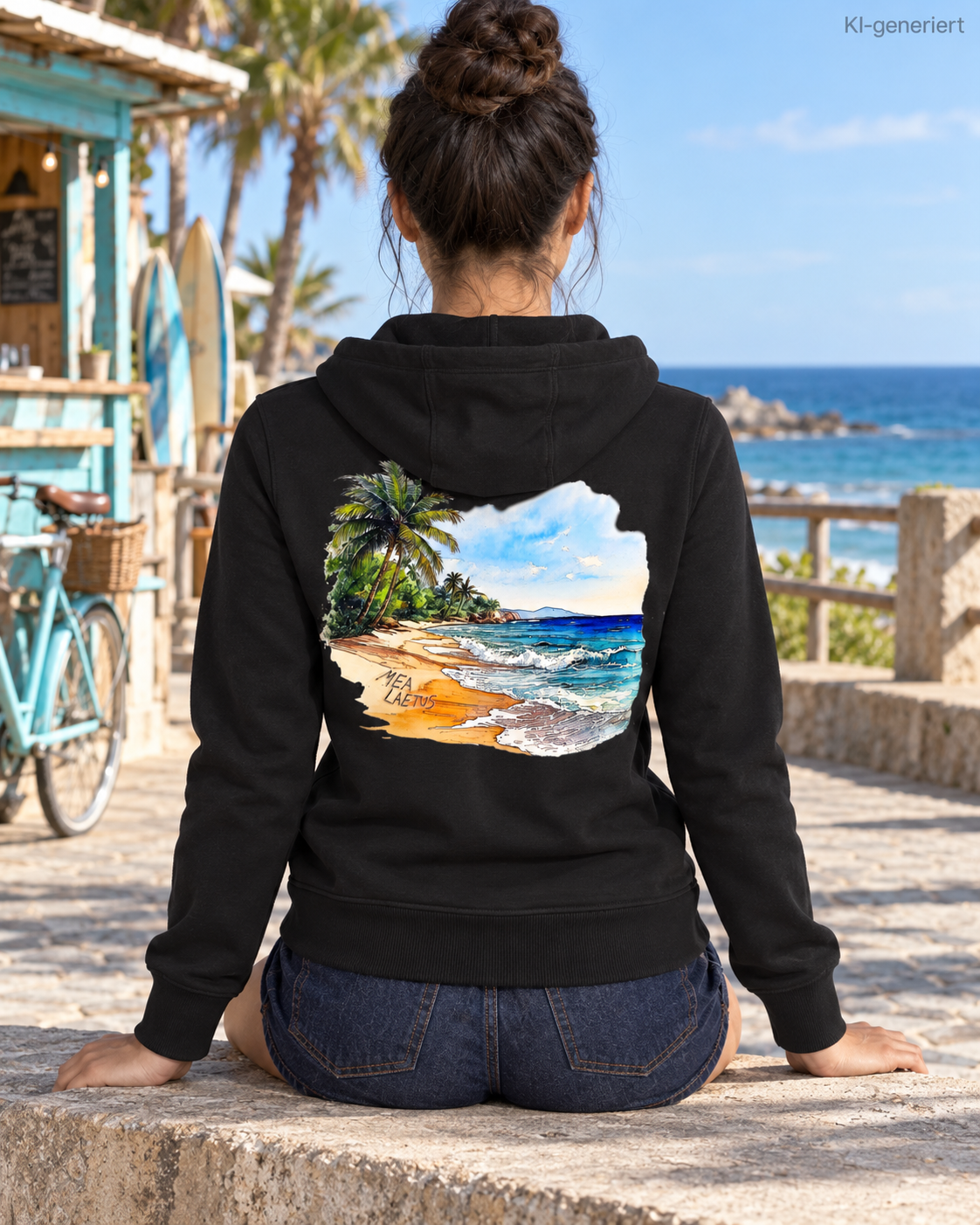 MEA LAETUS Ladies Sweatjacke Holiday Sky in Schwarz – Sitzende Rückenansicht am Meer mit Palmen- und Strandprint.