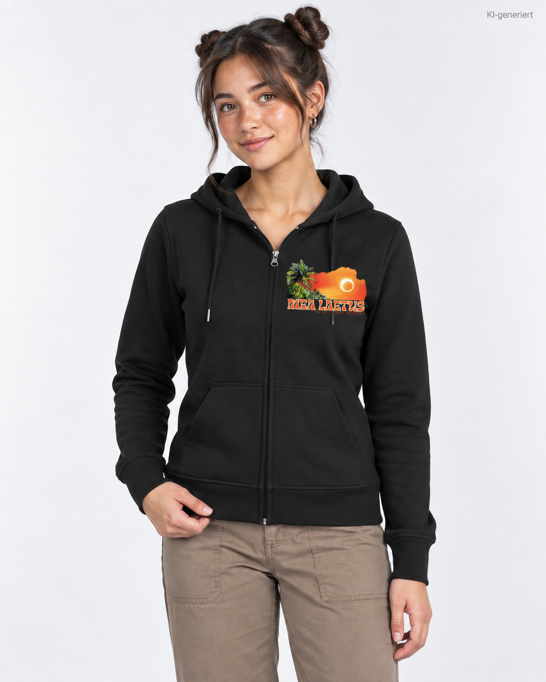 MEA LAETUS Ladies Sweatjacke Holiday Sunset in Schwarz – Nähere Frontansicht mit MEA LAETUS Brustprint und Reißverschluss.
