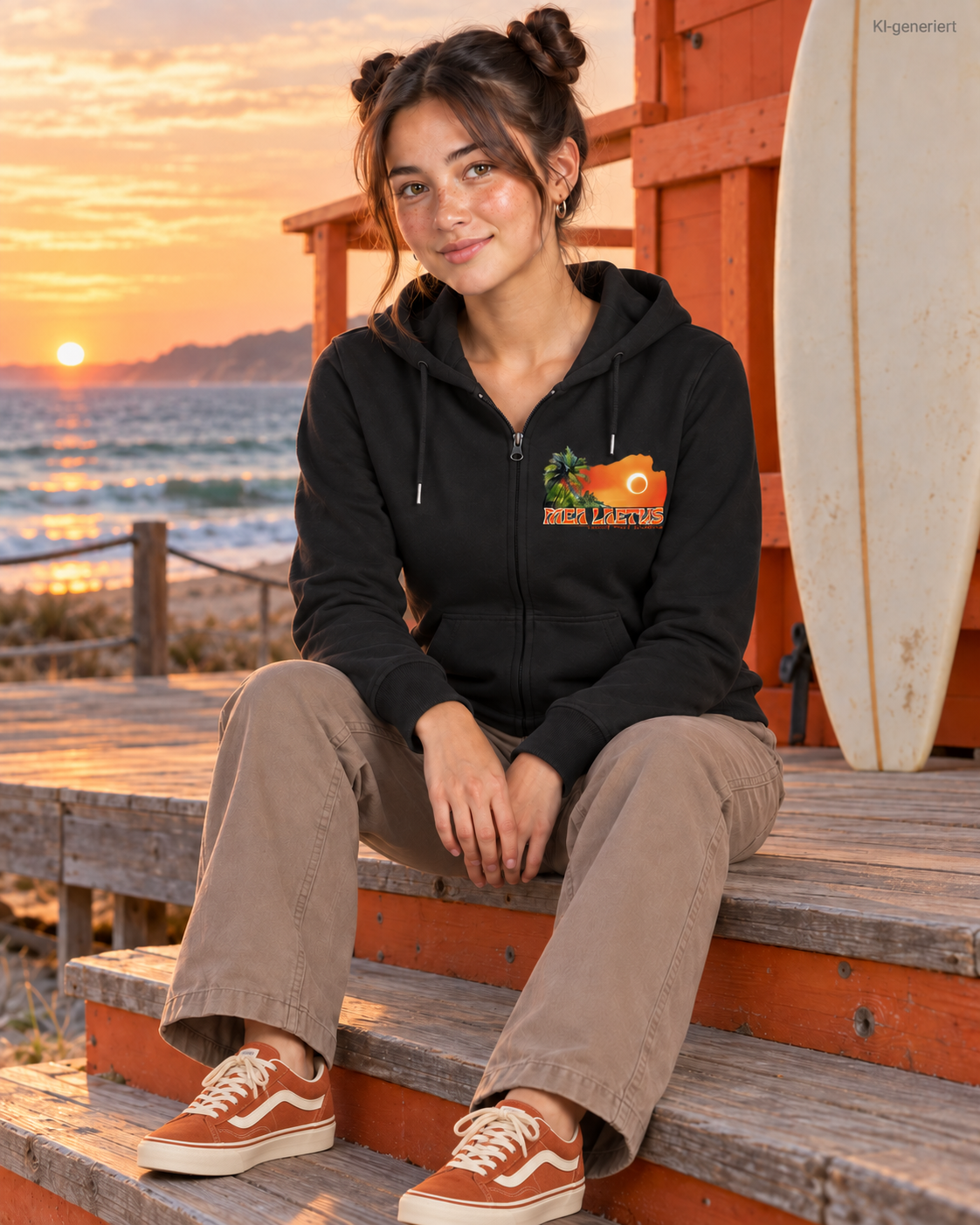 MEA LAETUS Ladies Sweatjacke Holiday Sunset in Schwarz – Sitzende Frontansicht auf einer Holzstufe am Meer.