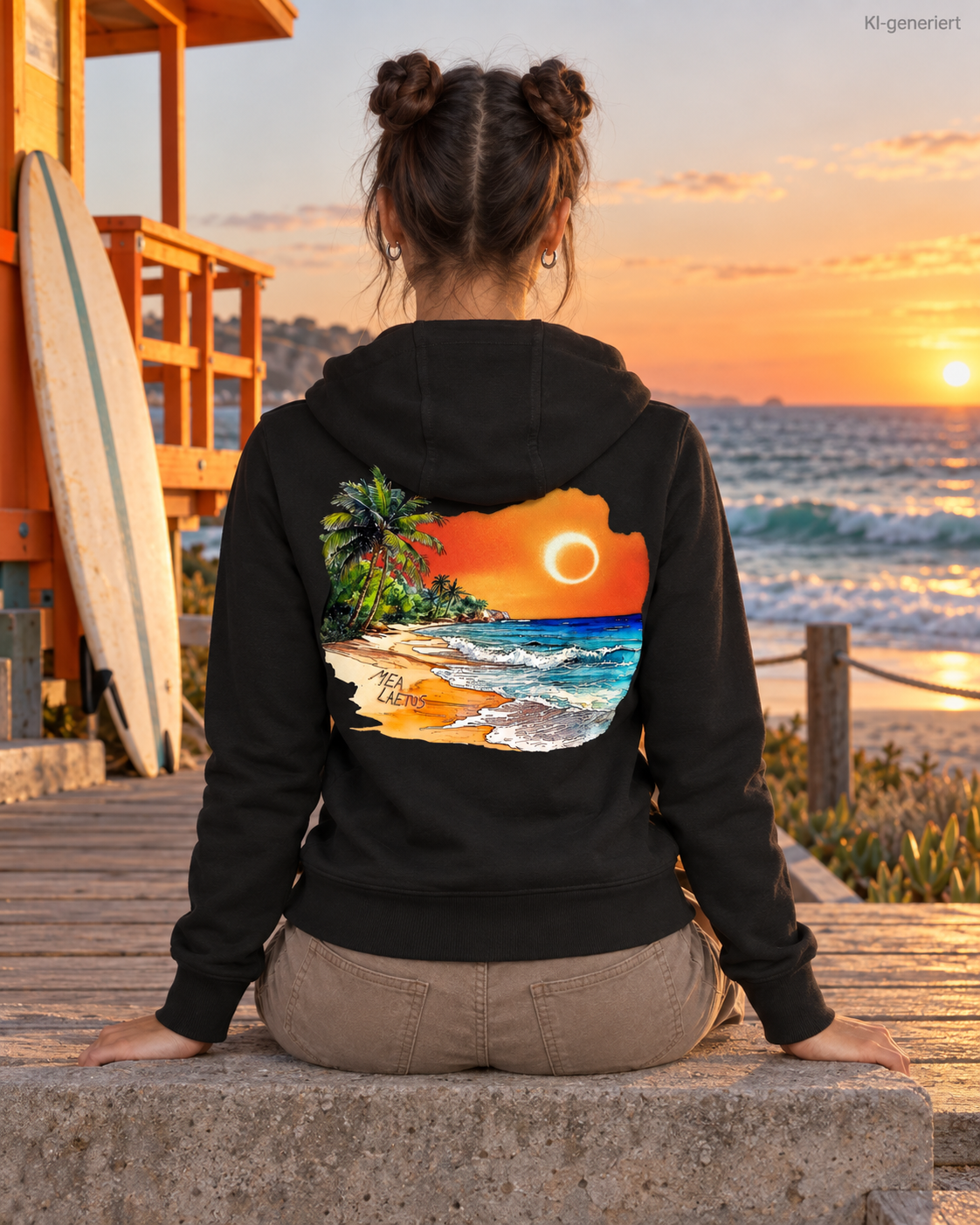 MEA LAETUS Ladies Sweatjacke Holiday Sunset in Schwarz – Sitzende Rückenansicht mit tropischem Sonnenuntergangsmotiv.