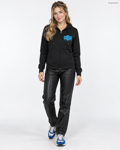 MEA LAETUS Damen Sweatjacke Limitbreaker Emblem Blau in Schwarz – Studio-Frontansicht mit kleinem Brustemblem und langer Hose.
