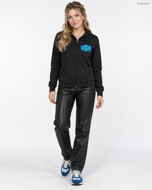 MEA LAETUS Damen Sweatjacke Limitbreaker Emblem Blau in Schwarz – Studio-Frontansicht mit kleinem Brustemblem und langer Hose.