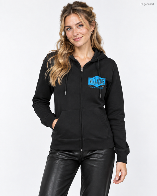 MEA LAETUS Damen Sweatjacke Limitbreaker Emblem Blau in Schwarz – Nähere Studio-Frontansicht des Limitbreaker-Brustprints und Reißverschlusses.