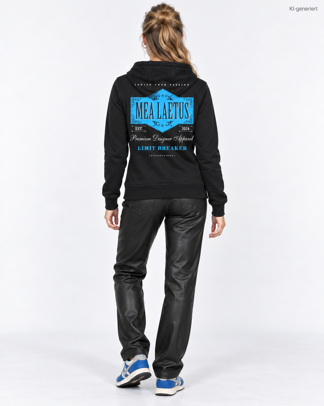 MEA LAETUS Damen Sweatjacke Limitbreaker Emblem Blau in Schwarz – Studio-Rückansicht mit großem Limitbreaker-Emblem.