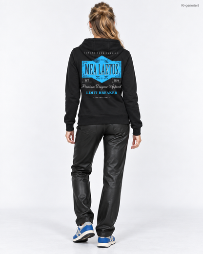 MEA LAETUS Damen Sweatjacke Limitbreaker Emblem Blau in Schwarz – Studio-Rückansicht mit großem Limitbreaker-Emblem.