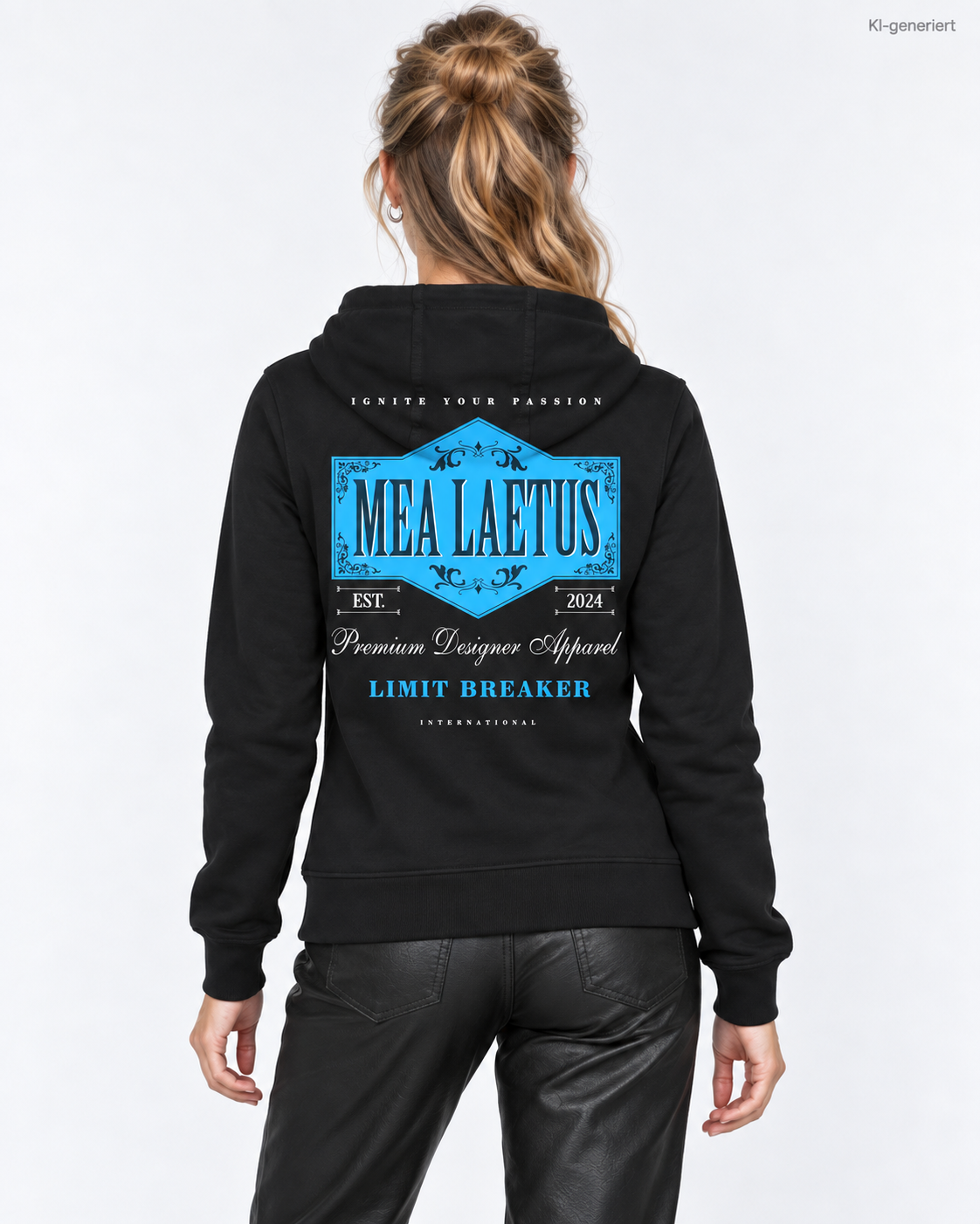 MEA LAETUS Damen Sweatjacke Limitbreaker Emblem Blau in Schwarz – Nähere Studio-Rückansicht mit MEA LAETUS Schriftzug und Limit Breaker Print.