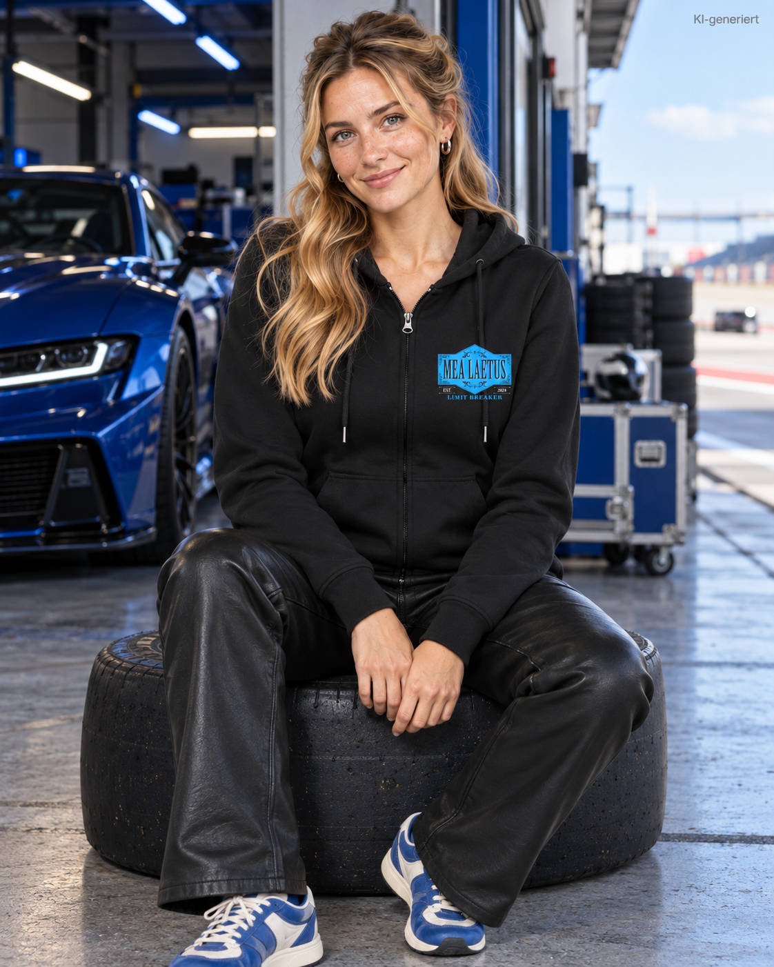 MEA LAETUS Damen Sweatjacke Limitbreaker Emblem Blau in Schwarz – Sitzende Frontansicht vor der Boxengarage mit sichtbarem Brustprint.