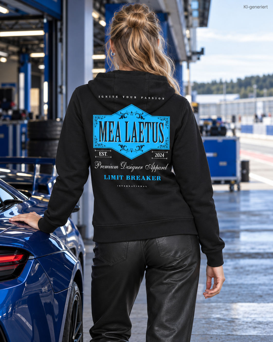 MEA LAETUS Damen Sweatjacke Limitbreaker Emblem Blau in Schwarz – Rückansicht neben einem blauen Sportwagen.