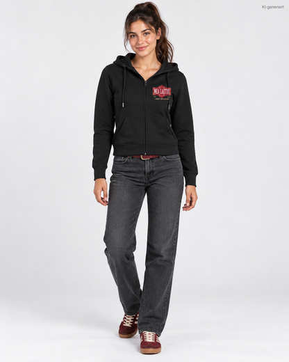 MEA LAETUS Damen Sweatjacke Limitbreaker Emblem Rot in Schwarz – Studio-Frontansicht mit kleinem Brustemblem und langer Hose.